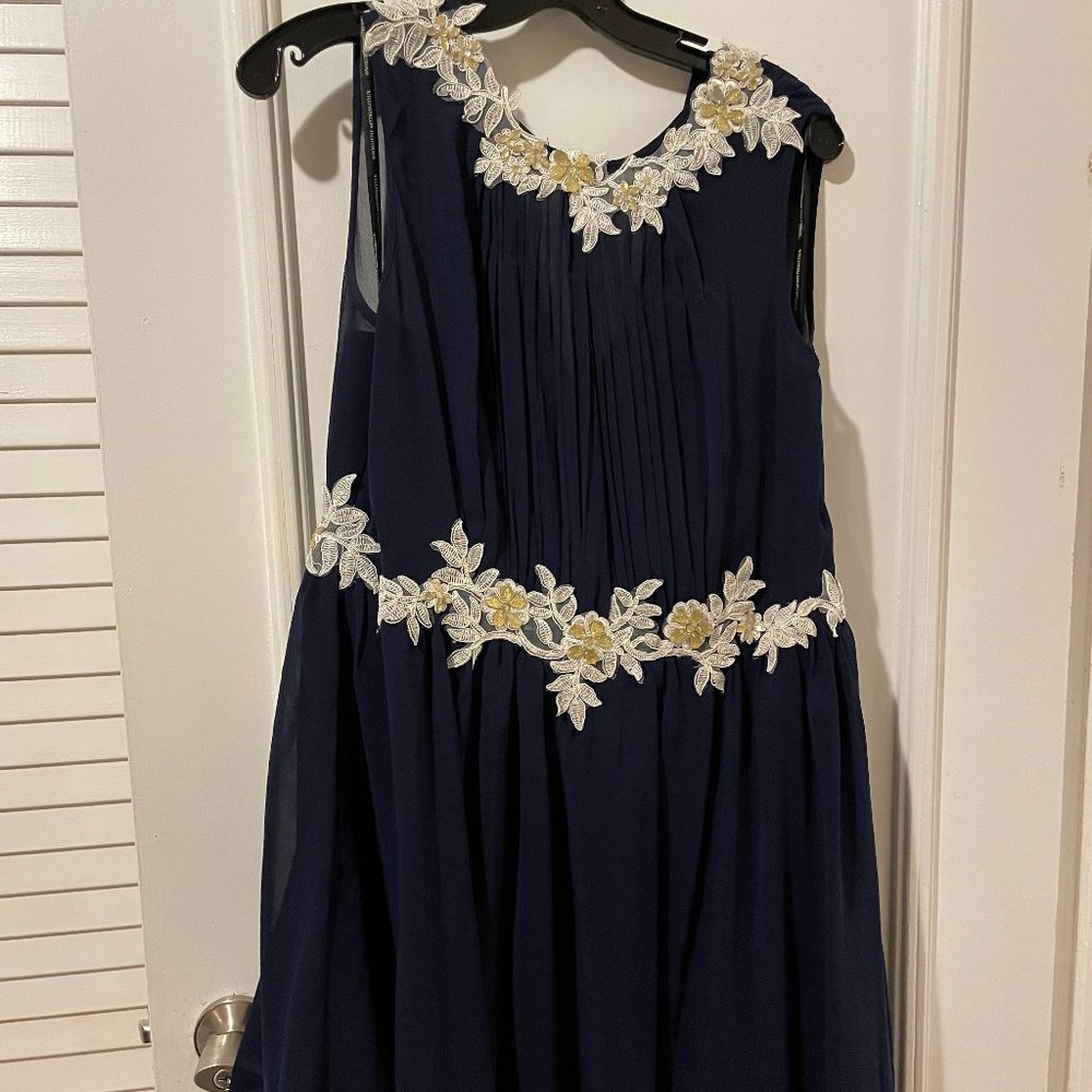 Navy Formal Dress with White Lace Trim